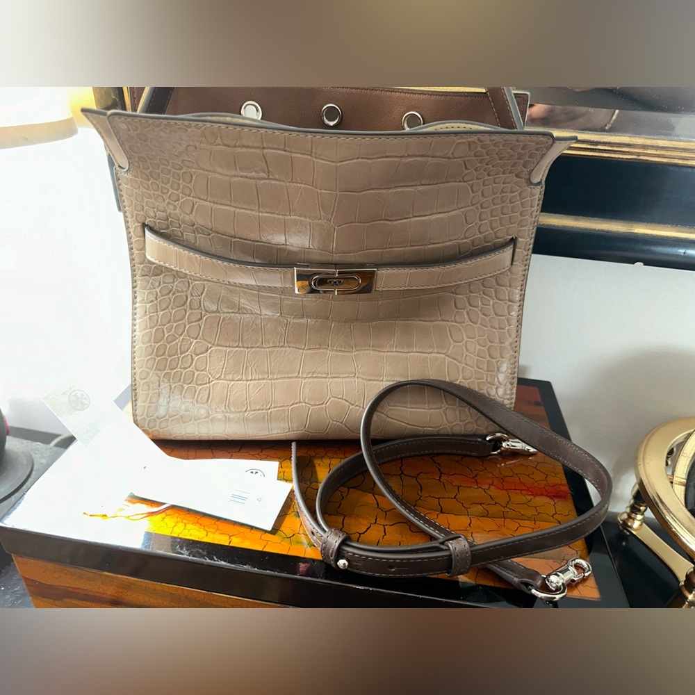 Rare Tory Burch Lee Radziwill Small Double Bag in Croc Embossed brown/shale